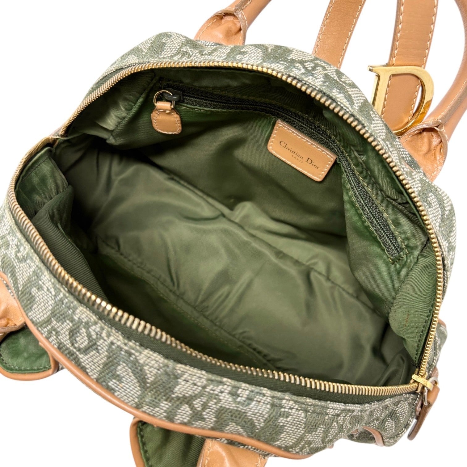 Christian Dior Vintage 2001 Logo Trotter Double Saddle Bag Green Beige Cotton