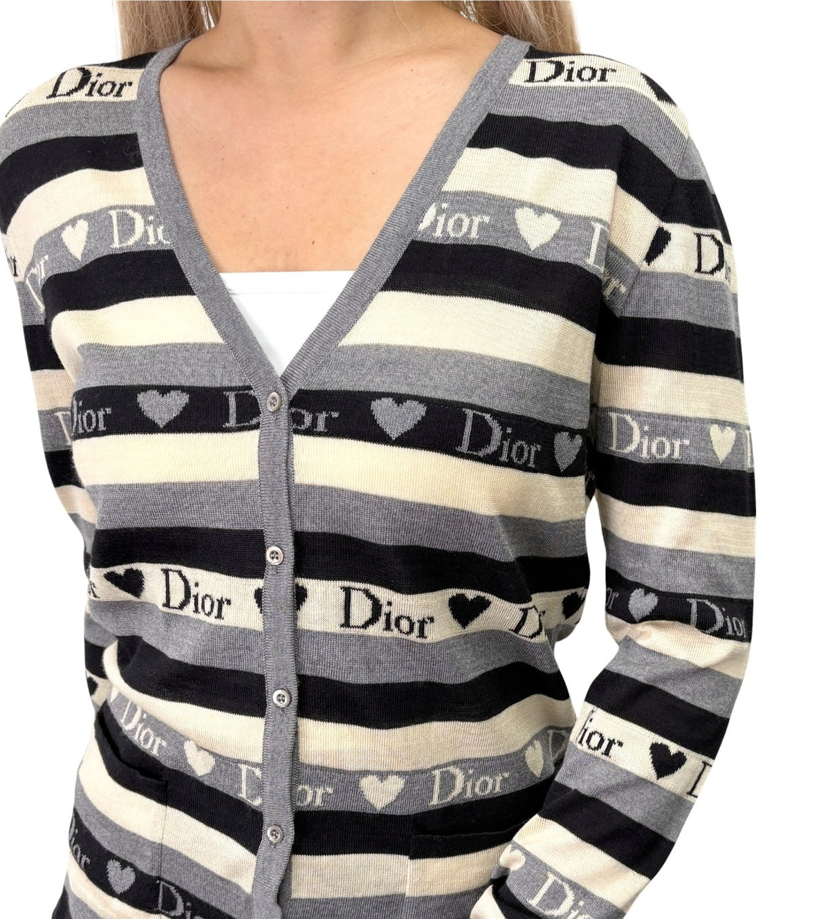 Christian Dior Vintage 2005 Stripe Heart Cardigan Top #40 Gray Ivory 902838