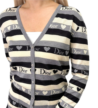 Christian Dior Vintage 2005 Stripe Heart Cardigan Top #40 Gray Ivory 902838