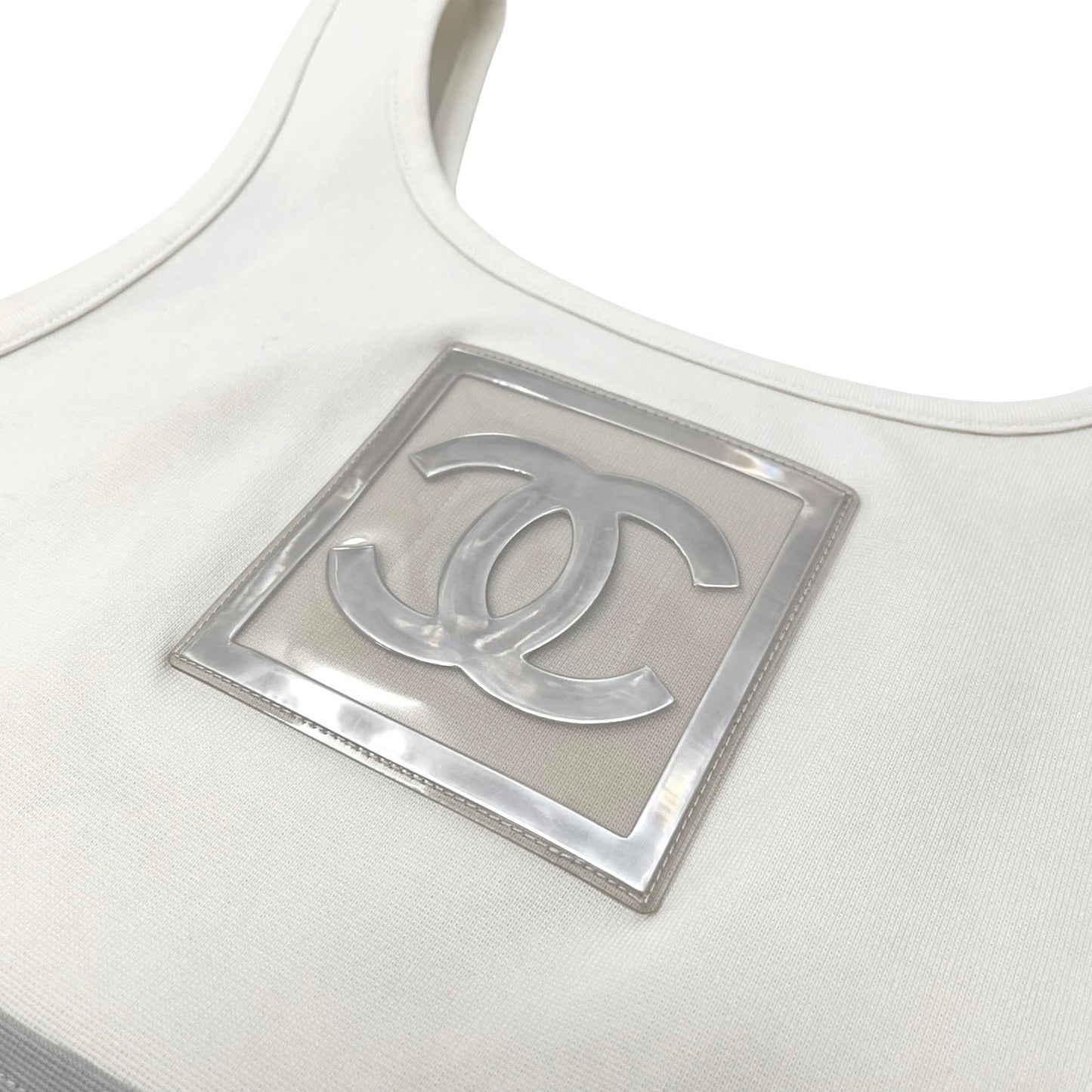 CHANEL Sport Vintage 01P Big CC Logo Tank Top #42 Gray White Nylon 106915