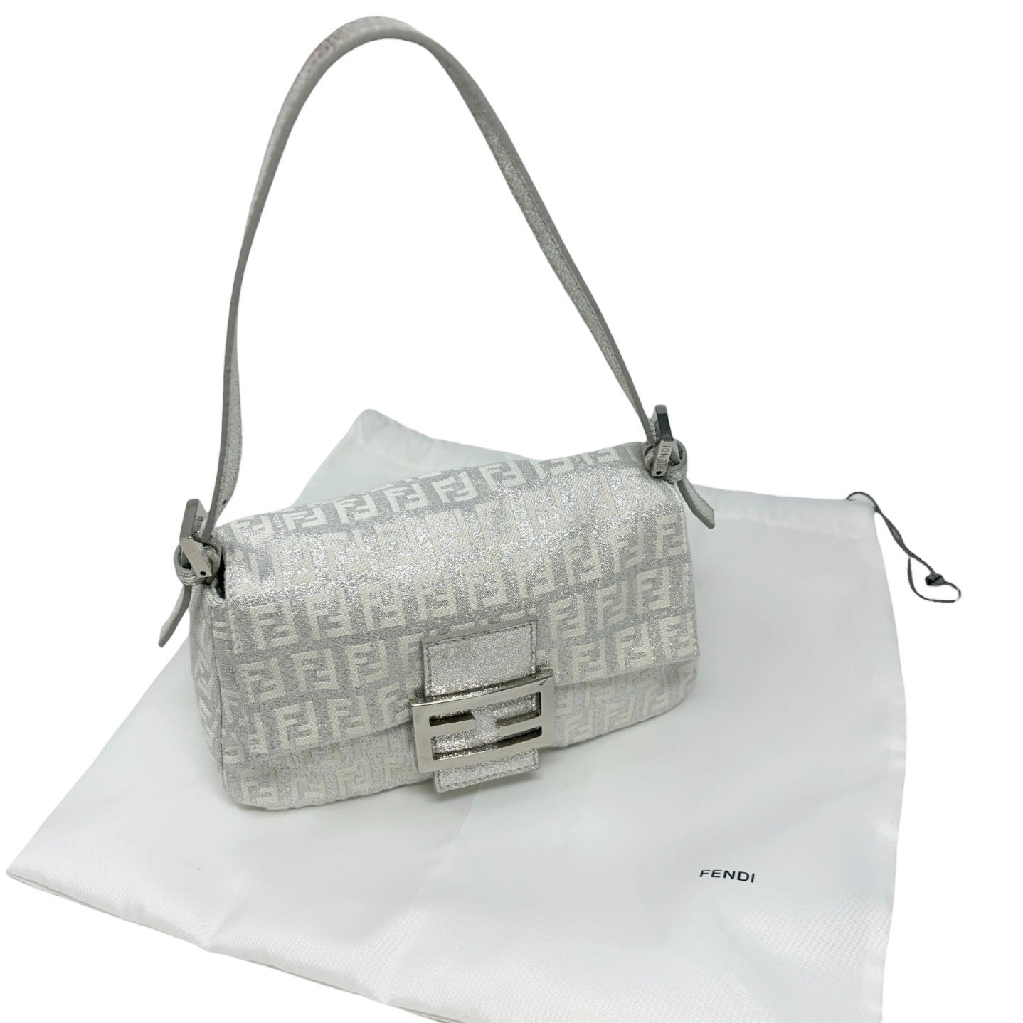 FENDI Vintage FF Zucchino Mini Mamma Baguette Shoulder Bag White Silver 902293