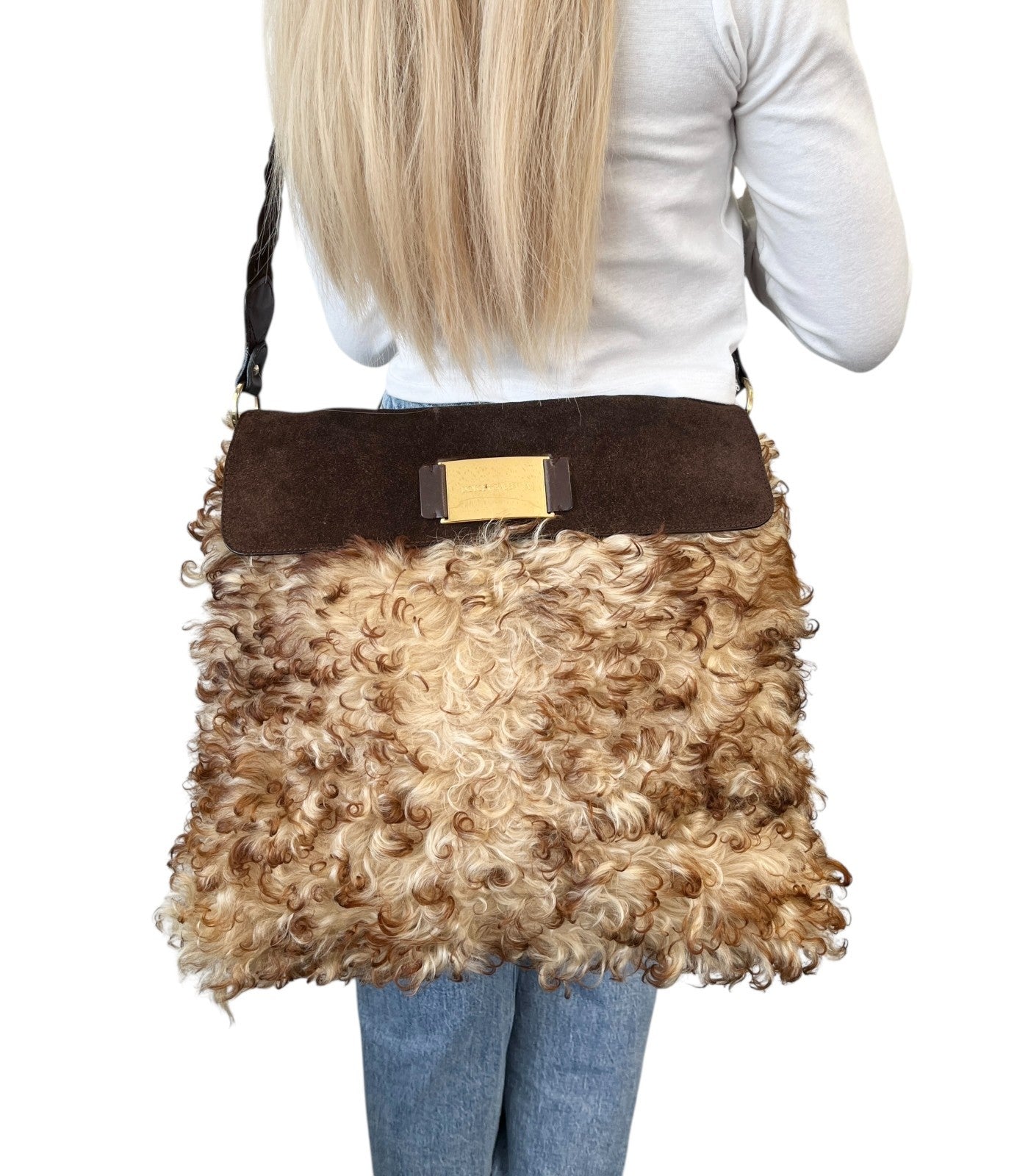 DOLCE&GABBANA Vintage Curly Lamb Shearling Suede Shoulder Bag Brown Beige Fur