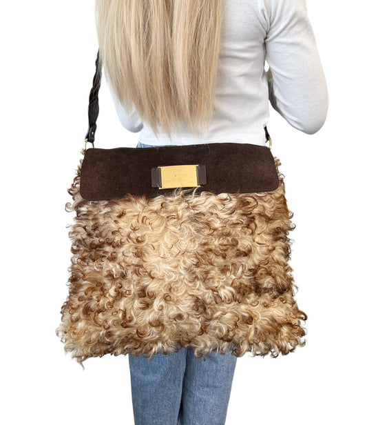 DOLCE&GABBANA Vintage Curly Lamb Shearling Suede Shoulder Bag Brown Beige Fur