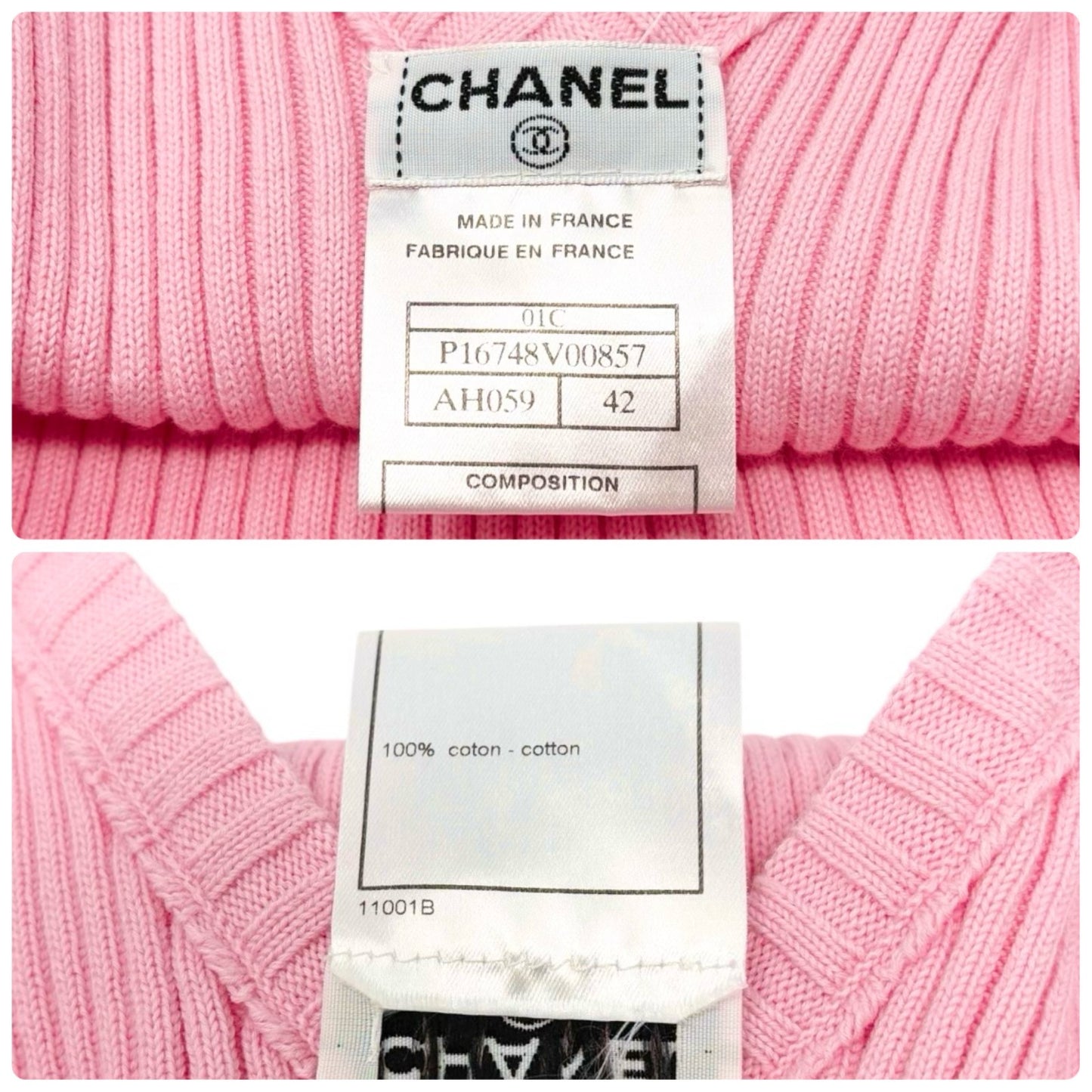 CHANEL Vintage 01C CC Logo Knit Rib Tank Top #42 Gold Rings Pink Cotton
