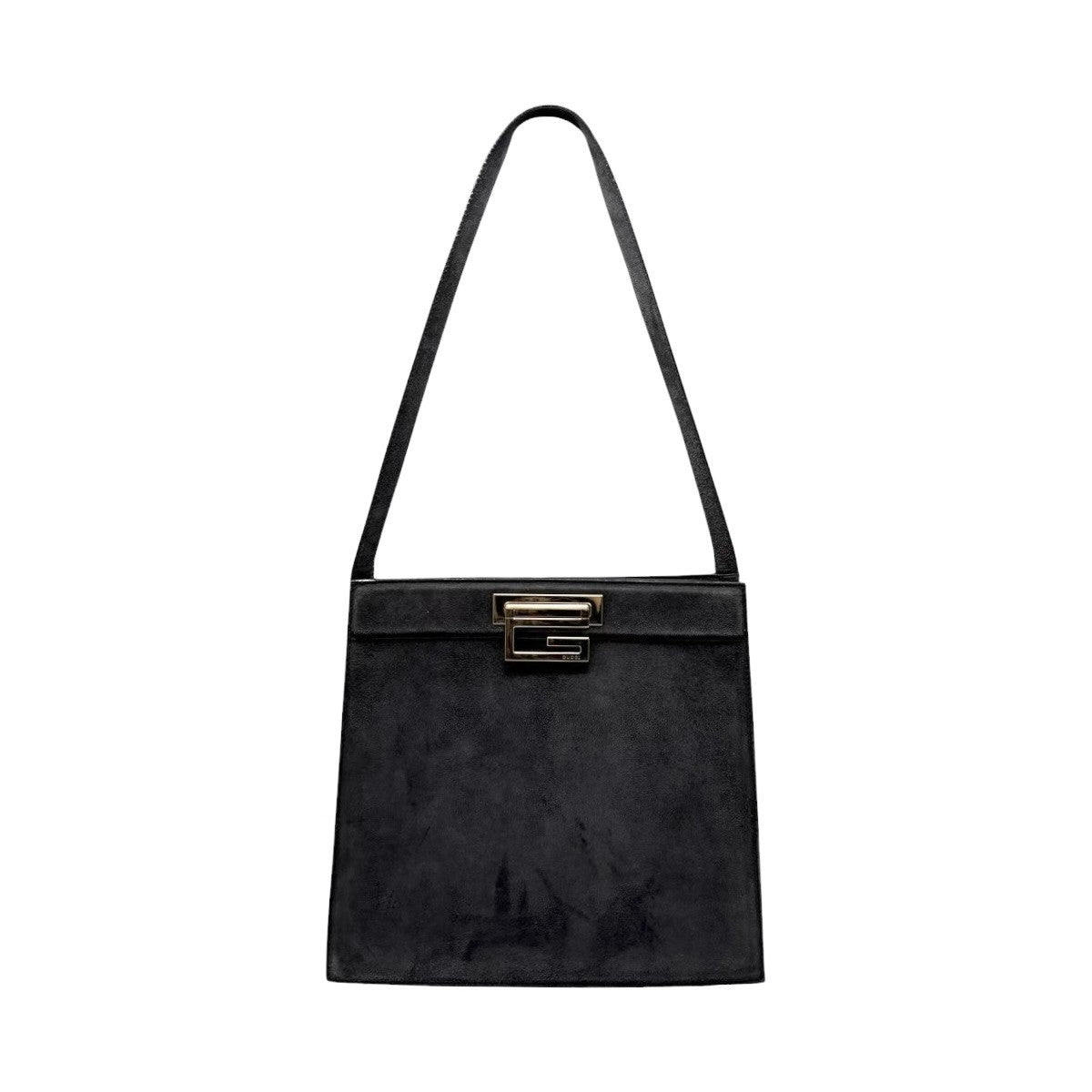 GUCCI Vintage G Square Logo Shoulder Bag Gray Gold Suede Leather 902248