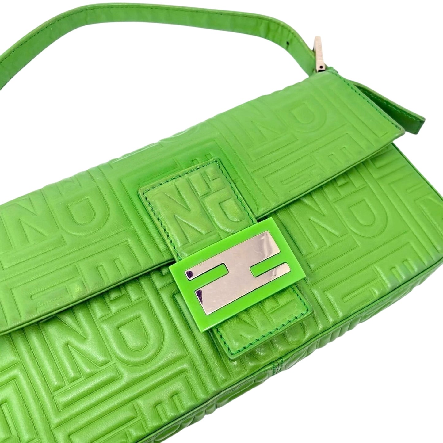 FENDI Vintage FF Logo Embossed Mamma Baguette Shoulder Bag Green Leather Silver