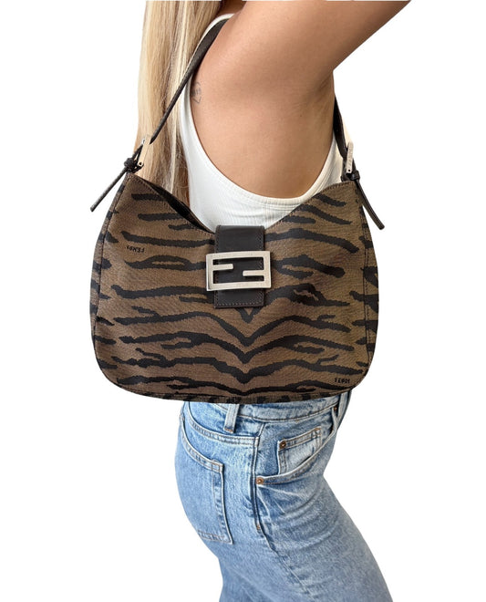 FENDI Vintage FF Logo Mamma Baguette Hobo Shoulder Bag Brown Cotton 902574