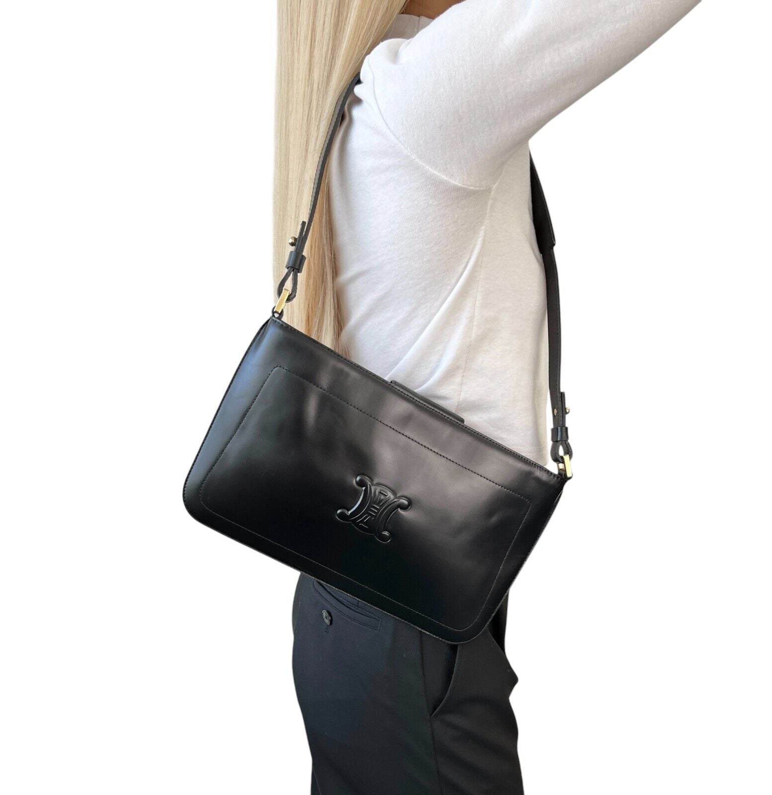 CELINE Vintage Macadam Logo Shoulder Bag Handbag Black Leather Gold Magnetic