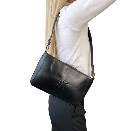 CELINE Vintage Macadam Logo Shoulder Bag Handbag Black Leather Gold Magnetic