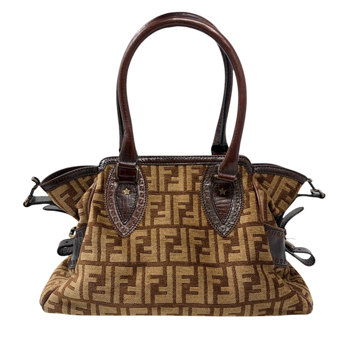 FENDI Vintage FF Logo Zucca Etniko Shoulder Bag Brown Gold Velour Leather