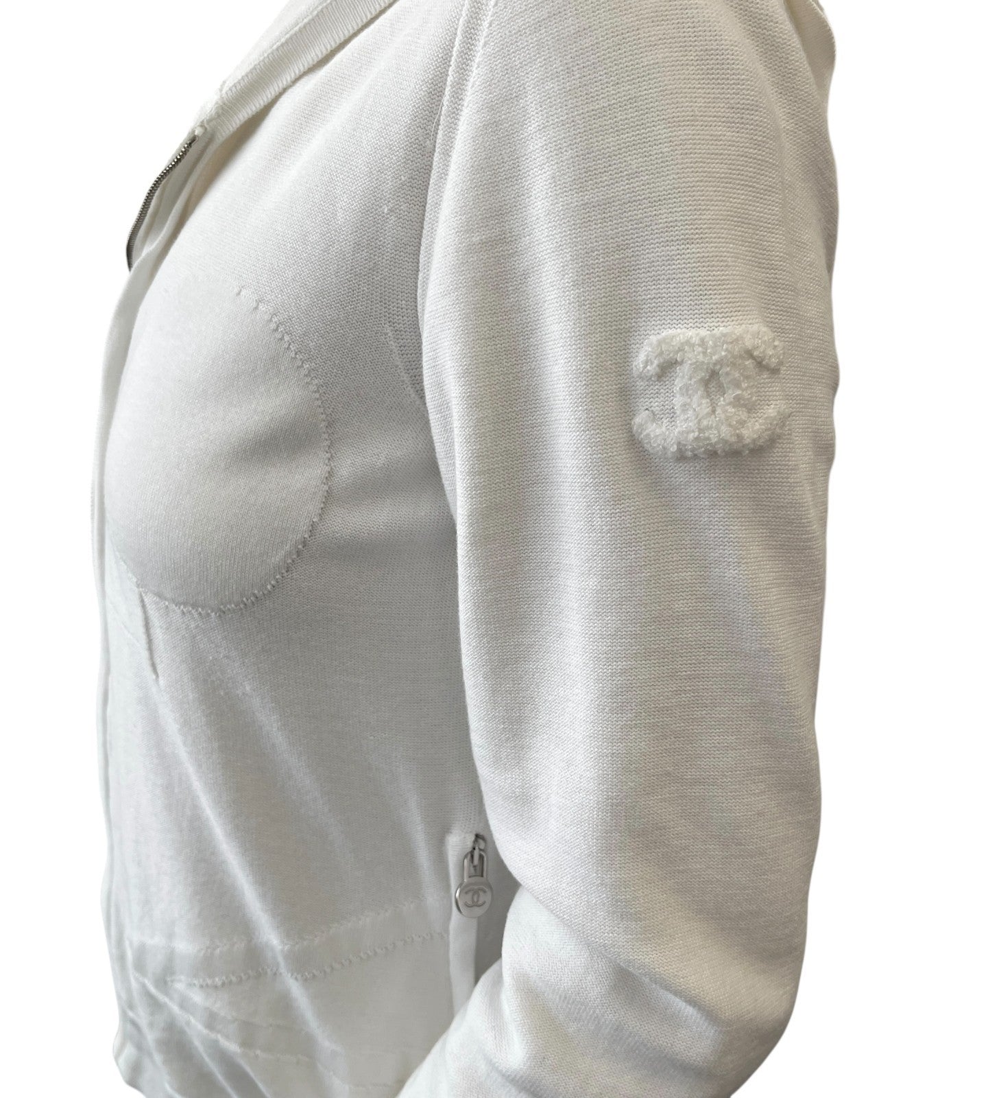 CHANEL Vintage P46188 CC Logo Zipped Hoodie Jacket Top #36 White Silver Cotton