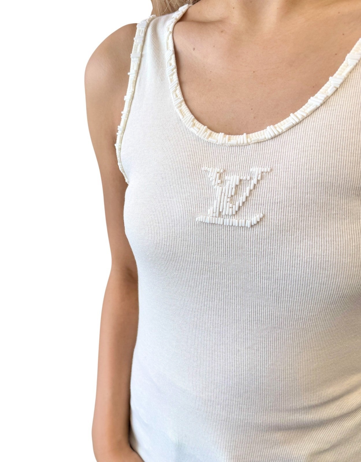 LOUIS VUITTON Vintage LV Logo Tank Top #M Beads Cream White Cotton Elastane