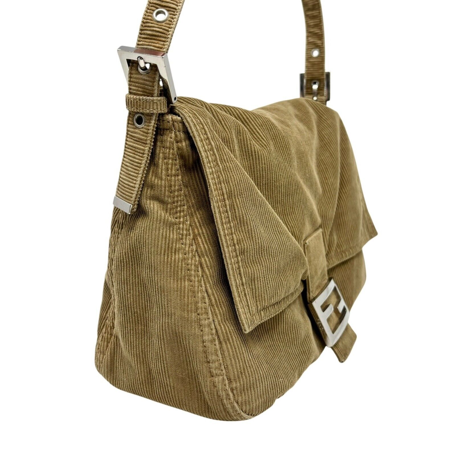 FENDI Vintage FF Logo Corduroy Mamma Baguette Shoulder Bag Light Brown Cotton
