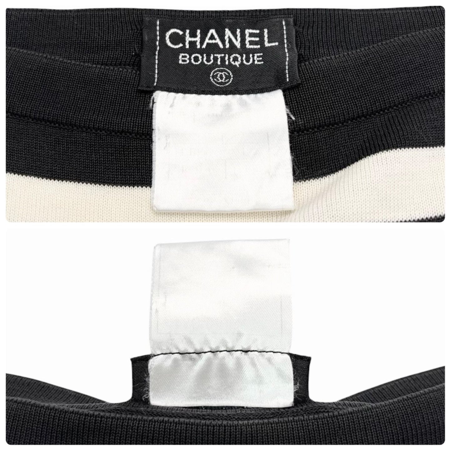 CHANEL Vintage 98P CC Logo Stripe Knit Dress #40 Black White Cotton 901808