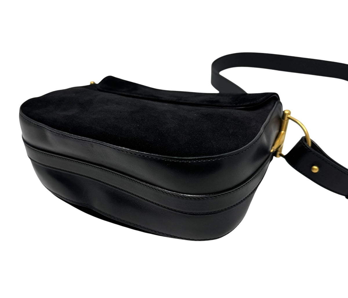 GUCCI Vintage Horsebit Crossbody Shoulder Bag Black Gold Suede Leather 902330