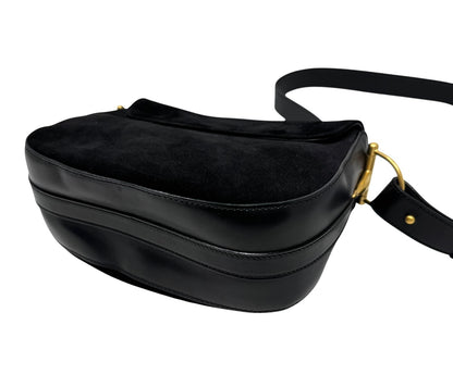 GUCCI Vintage Horsebit Crossbody Shoulder Bag Black Gold Suede Leather 902330