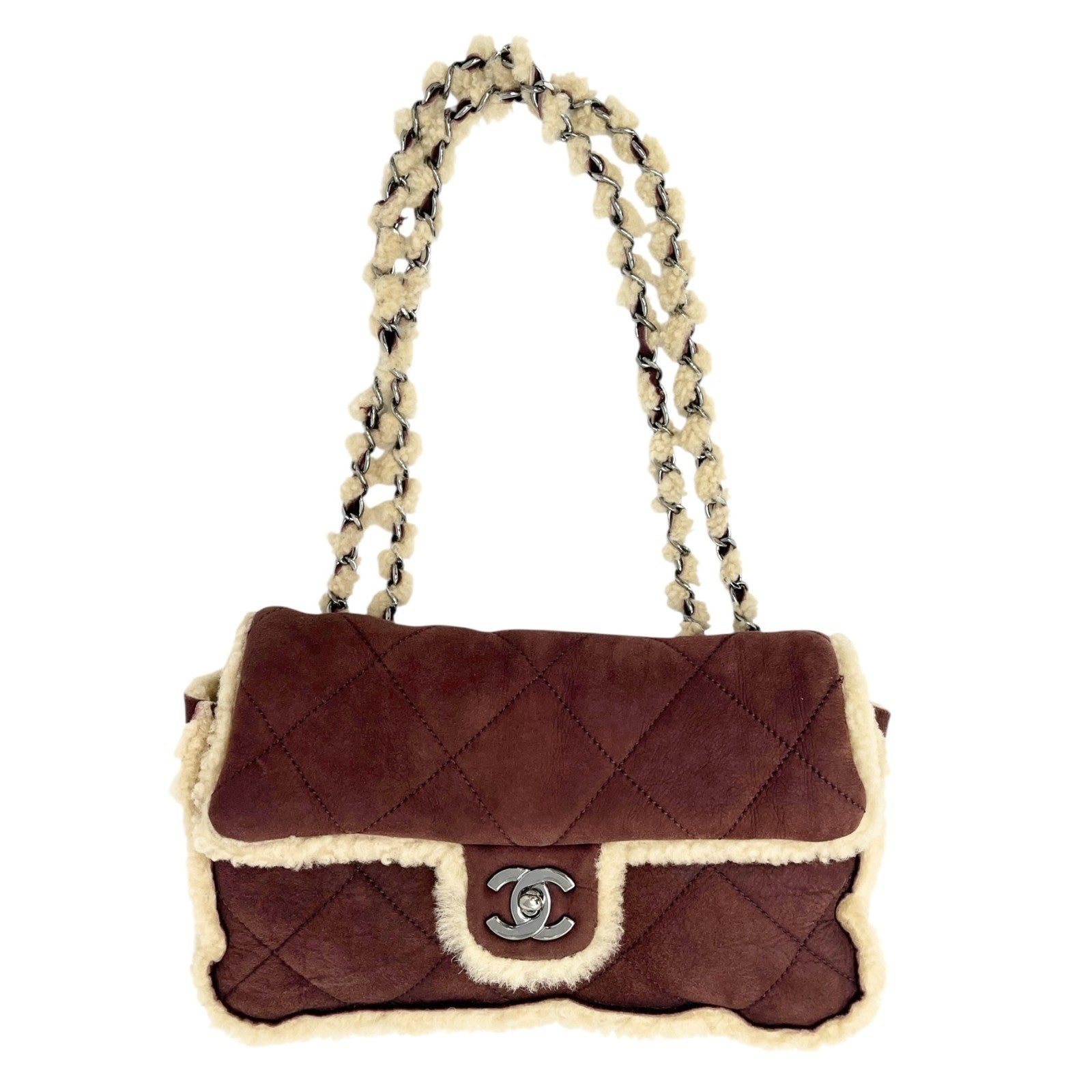 CHANEL Vintage CC Logo Mouton Matelasse Shoulder Bag Chain Brown Beige Suede