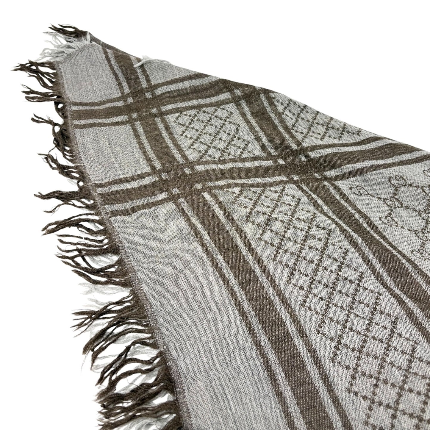 GUCCI Vintage GG Logo Monogram Fox Fur Shawl Scarf Wrap Gray Brown Wool 902595