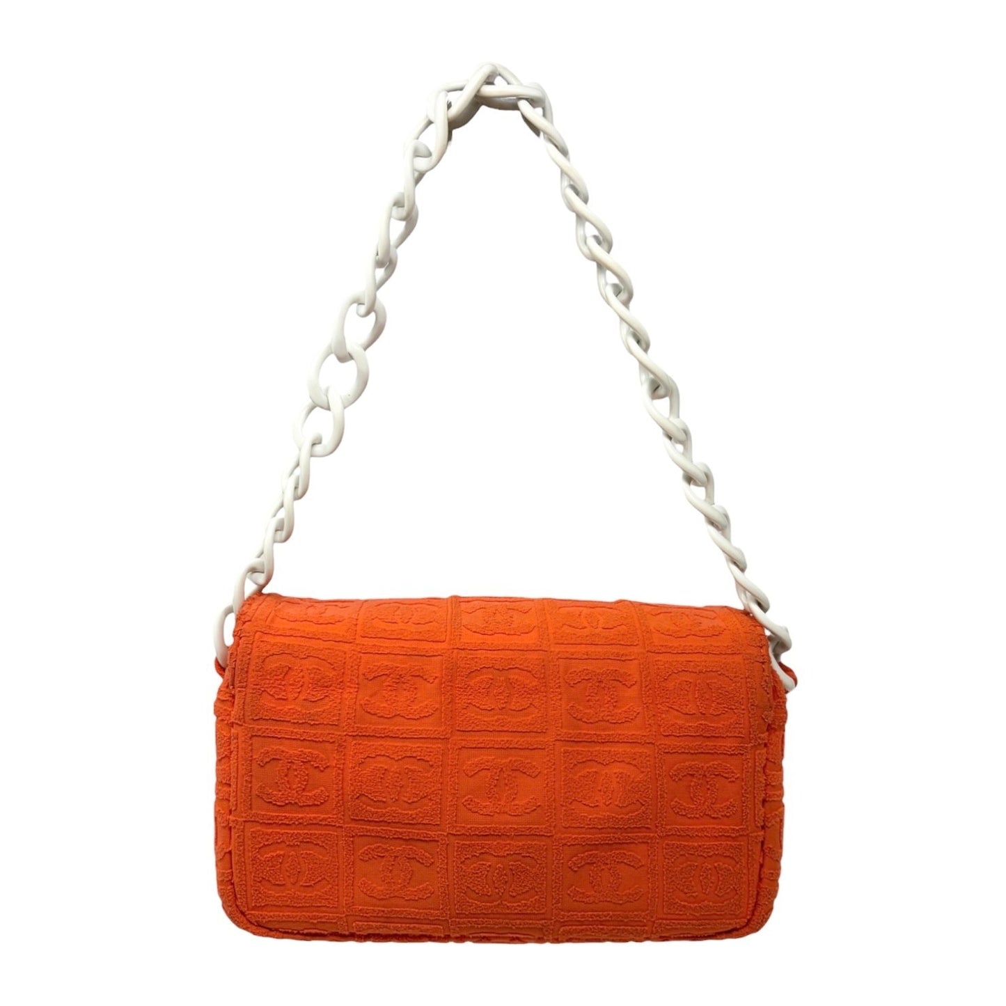 CHANEL Vintage 02S CC Logo Chain Shoulder Bag Terry Cloth Orange White 901896