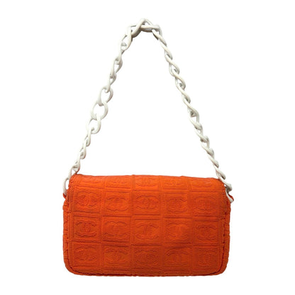 CHANEL Vintage 02S CC Logo Chain Shoulder Bag Terry Cloth Orange White 901896