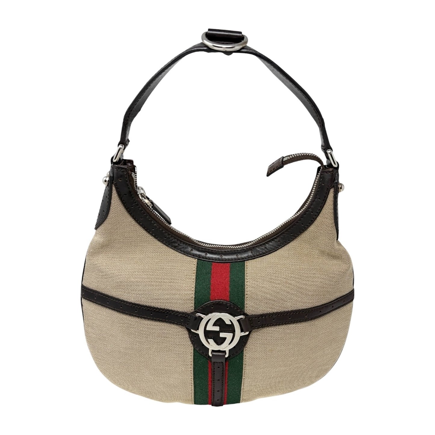 GUCCI Vintage Web Stripe Interlocking GG Logo Canvas Hobo Bag Beige 902206