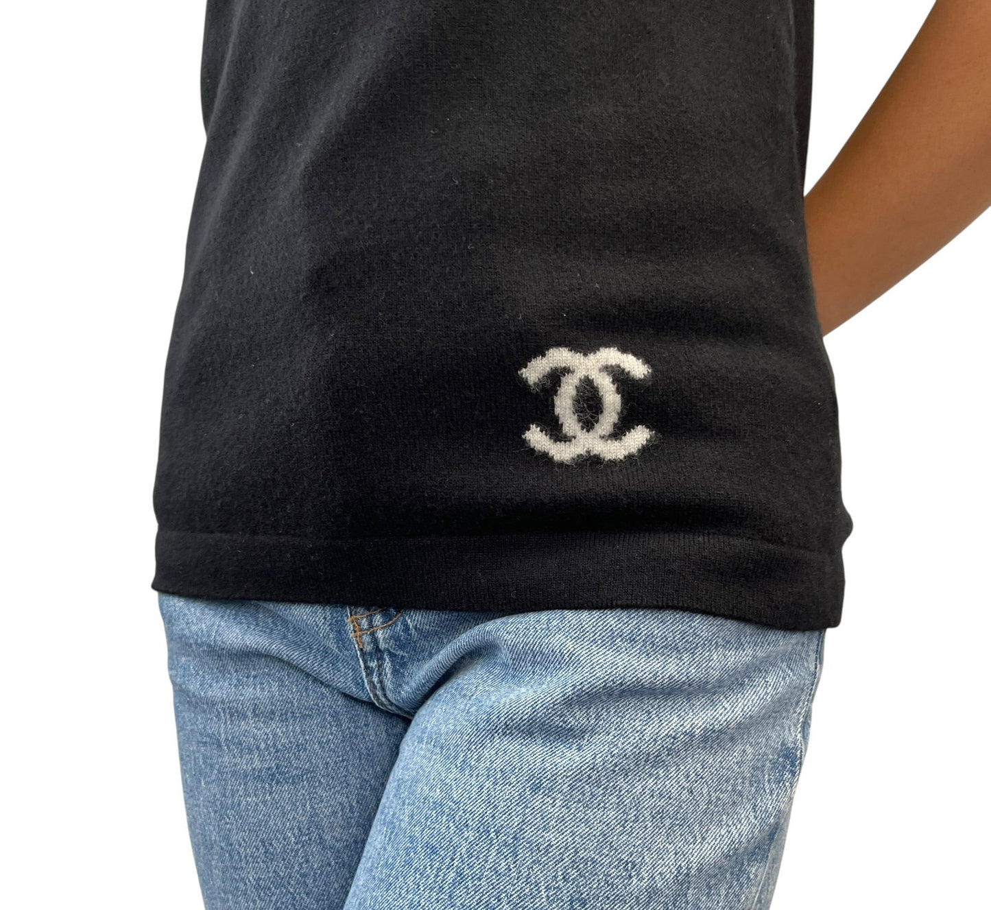 CHANEL Vintage 04A CC Logo Knit Polo Shirt Top Sweater #38 Cashmere Black