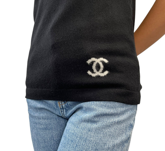 CHANEL Vintage 04A CC Logo Knit Polo Shirt Top Sweater #38 Cashmere Black