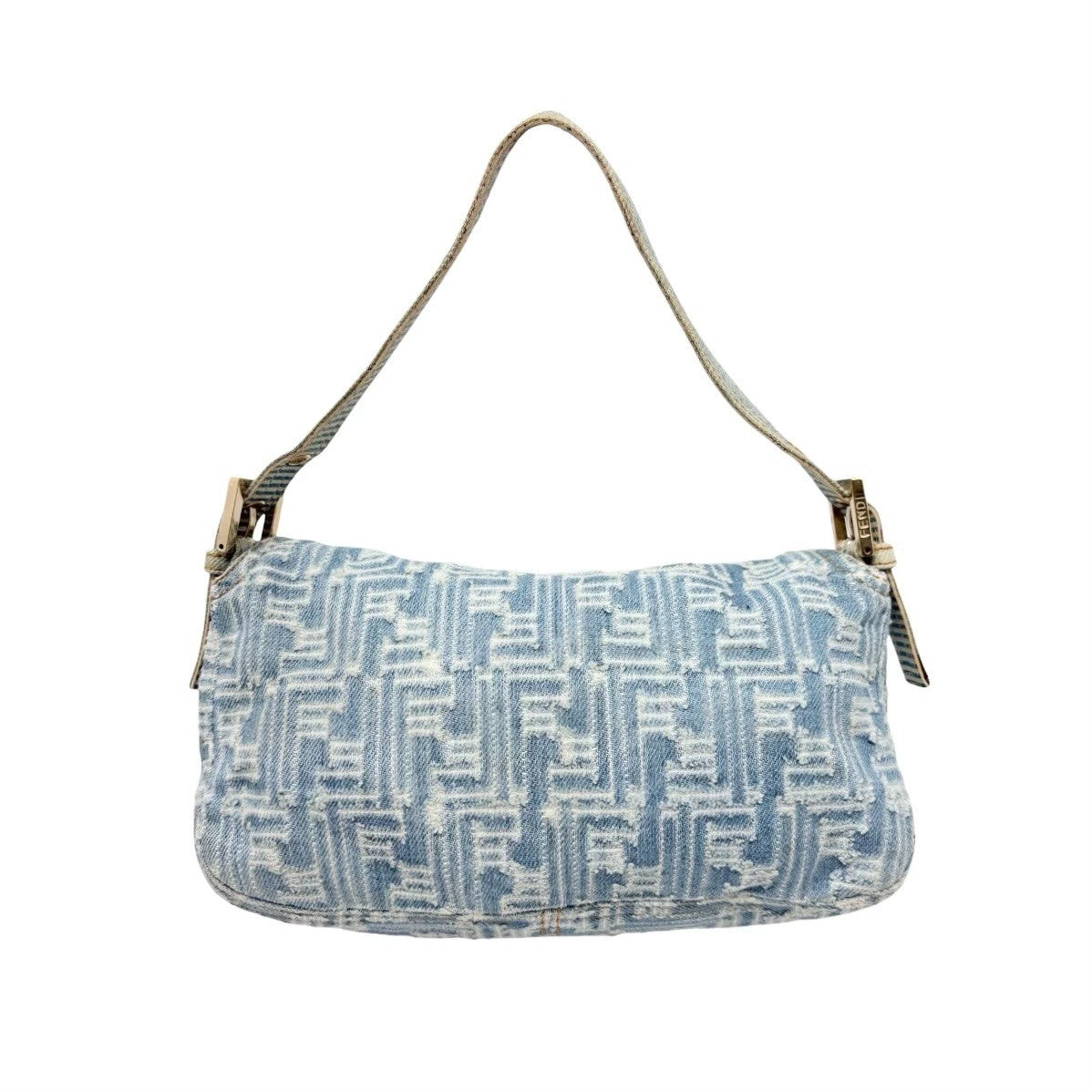 FENDI Vintage FF Zucca Monogram Denim Mamma Baguette Shoulder Bag Blue Gold