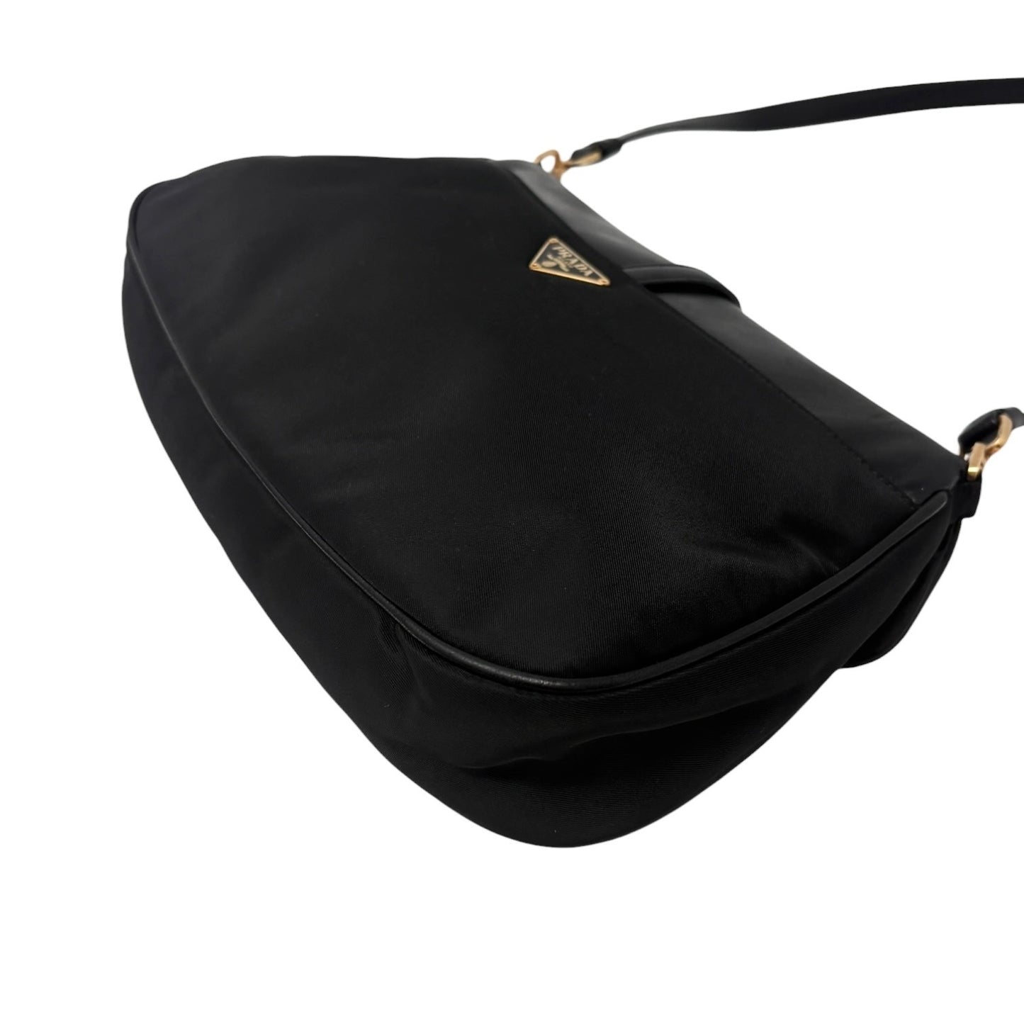 PRADA Vintage Triangle Logo Tessuto Nylon Shoulder Bag Black Leather 901925