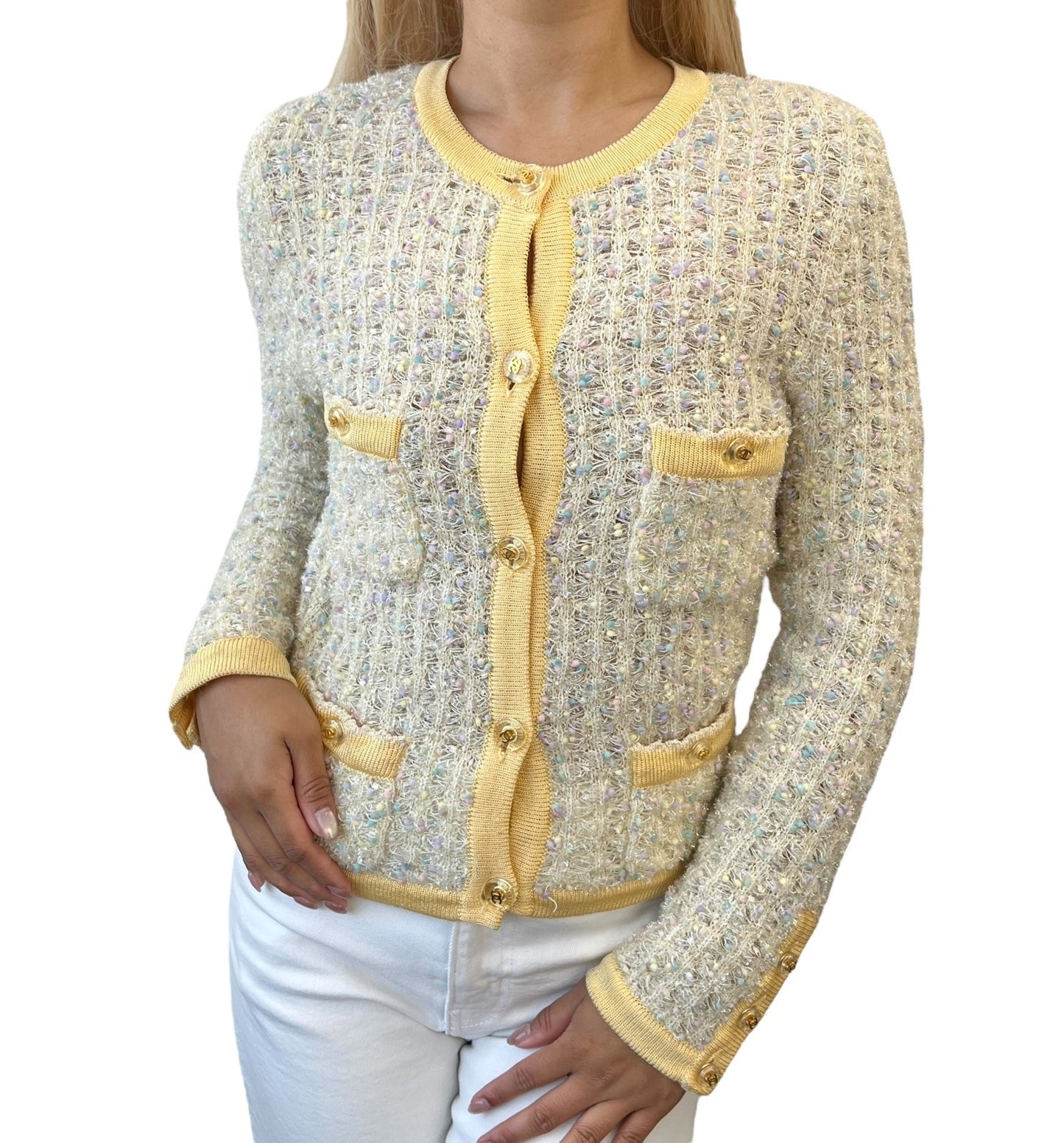 CHANEL Vintage 97P CC Mark Logo Tweed Cardigan #38 Sweater Yellow Nylon