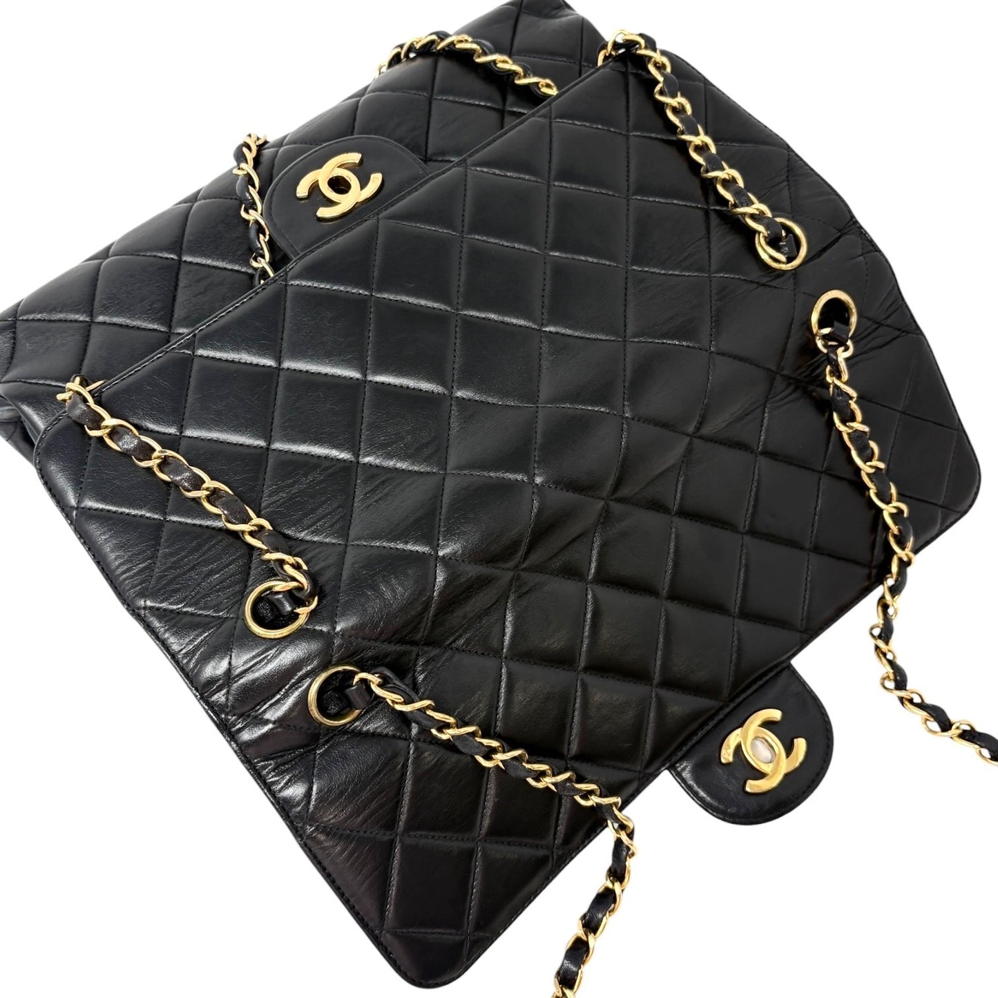 CHANEL Vintage CC Logo Quilted Double Flap Shoulder Bag Black Leather 902285