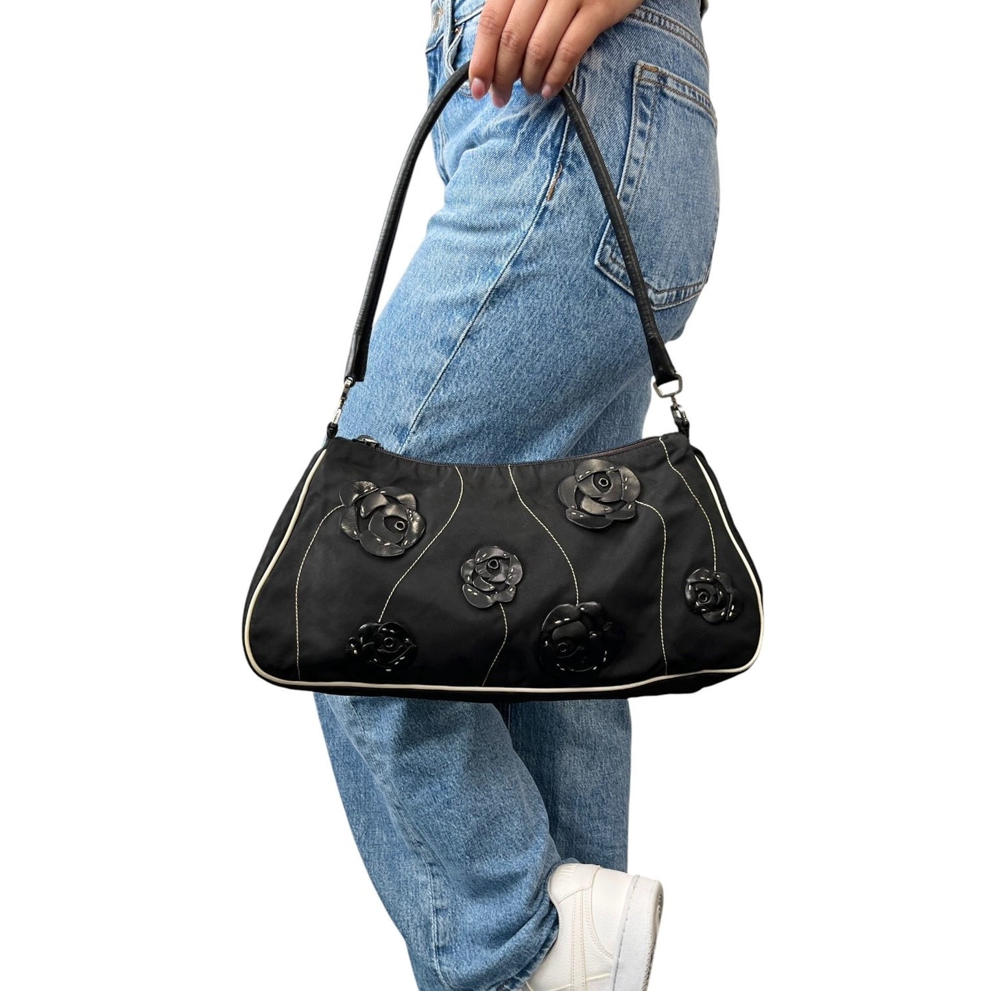 PRADA Vintage Triangle Logo Rose Flower Shoulder Bag Black Nylon Zip 902681