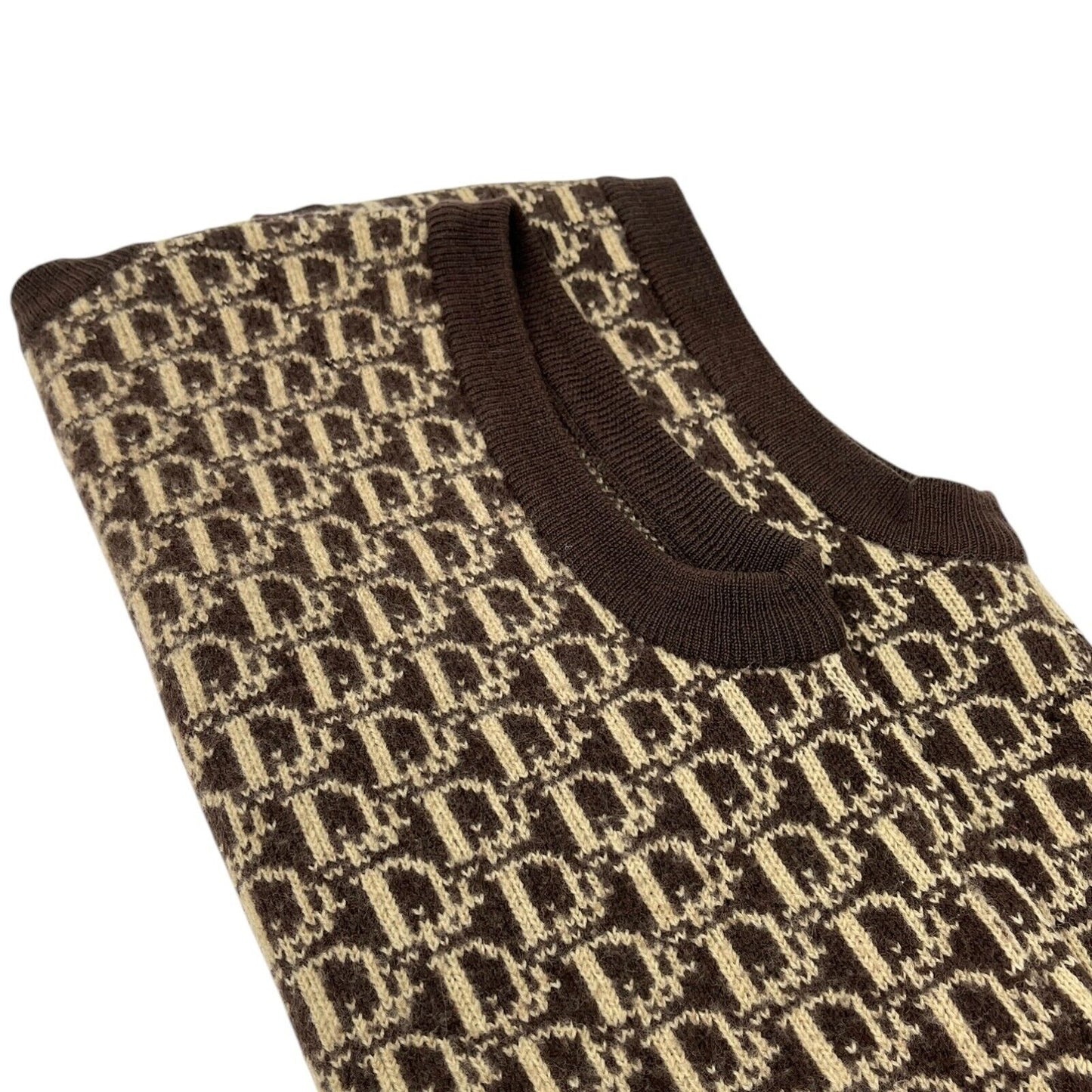 Christian Dior Vintage Trotter Monogram Logo Knit Vest V-neck Brown Beige Wool