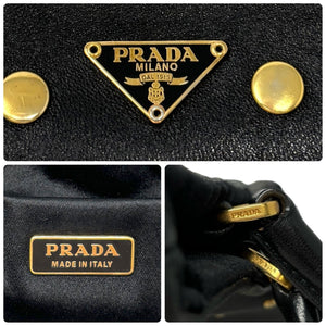 PRADA Vintage Logo Mini Handbag Shoulder Bag Studs Black Gold Leather Rank AB