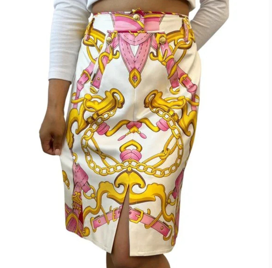 Christian Dior Vintage 2000 Logo Knee Length Skirt #40 White Pink Silk