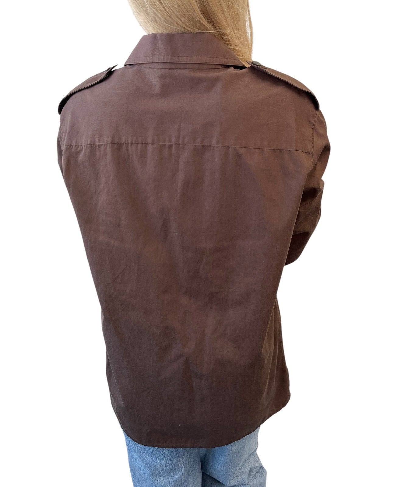 CHANEL Vintage CC Logo Button Up Military Long Sleeve Shirt Brown Cotton