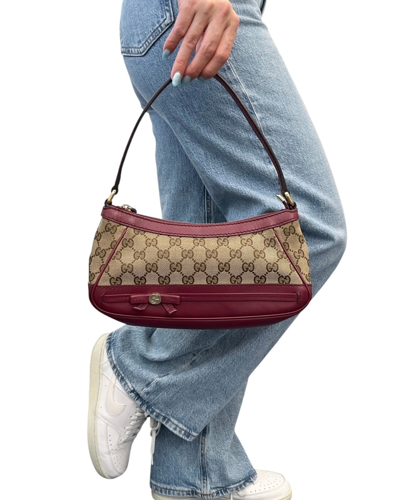 GUCCI Vintage GG Logo Monogram Canvas Mayfair Shoulder Bag Beige Pink Ribbon