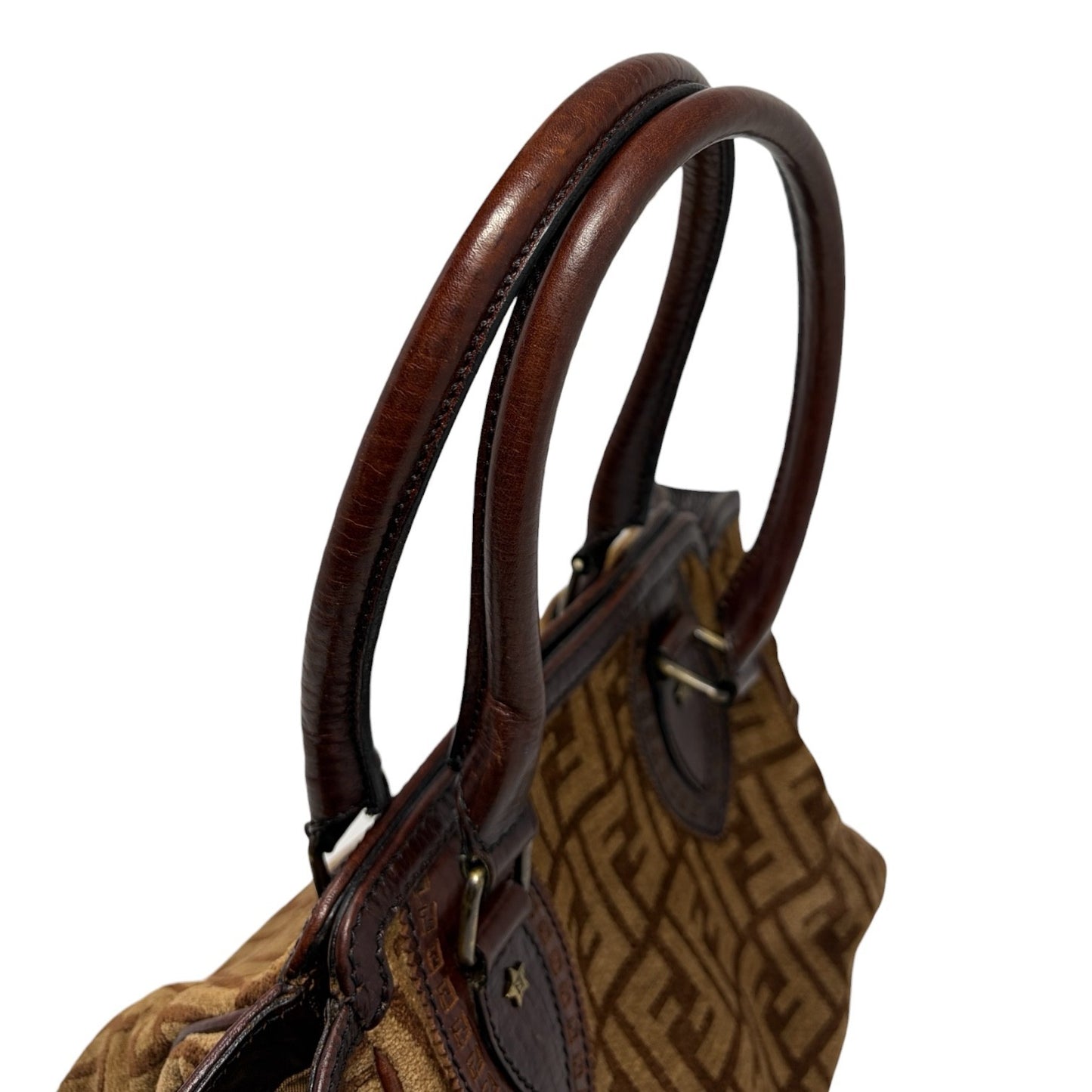 FENDI Vintage FF Logo Zucca Etniko Shoulder Bag Brown Gold Velour Leather