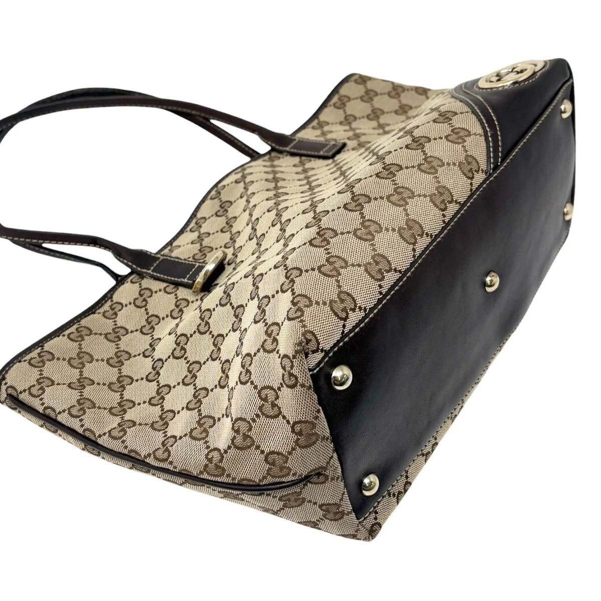 GUCCI Vintage GG Monogram Tote Shoulder Bag Brown Beige Canvas Leather 902323