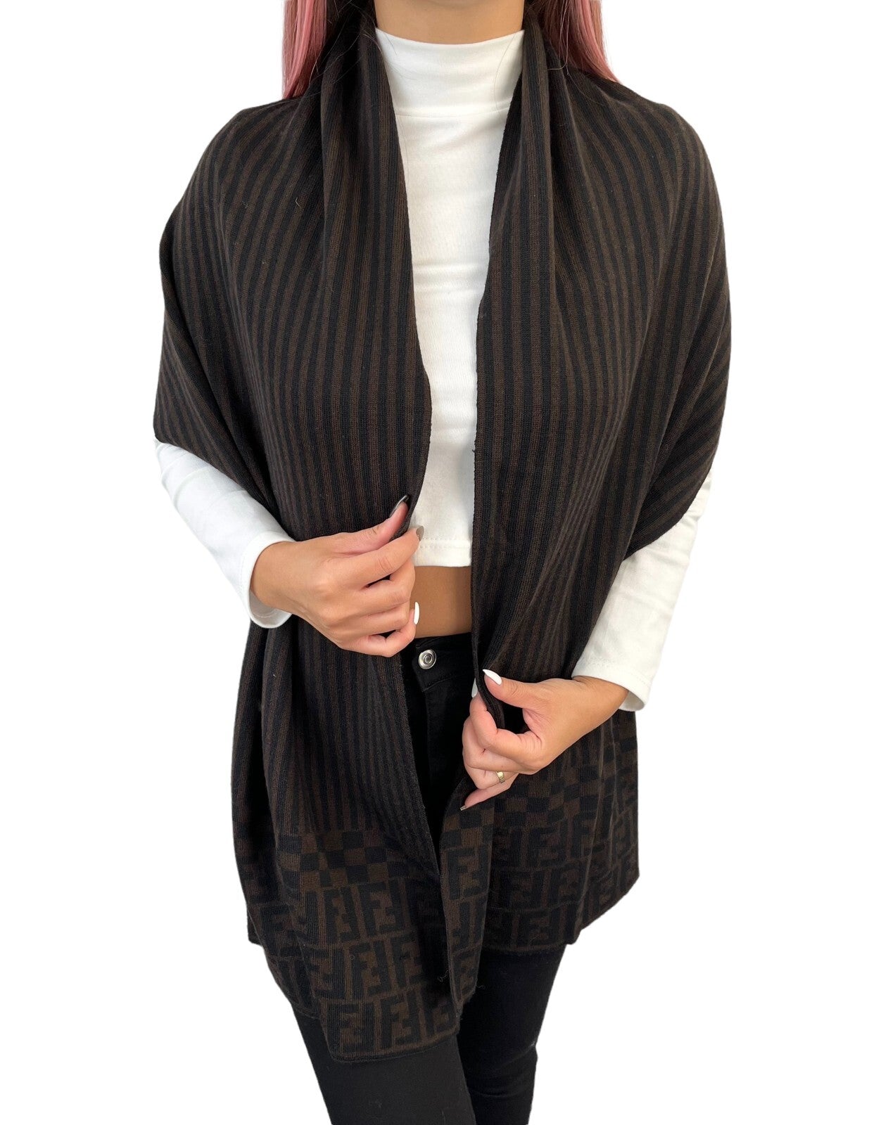 FENDI Zucca Stripe Wrap Scarf #42 Fashion Accessory Brown Black Wool RankAB