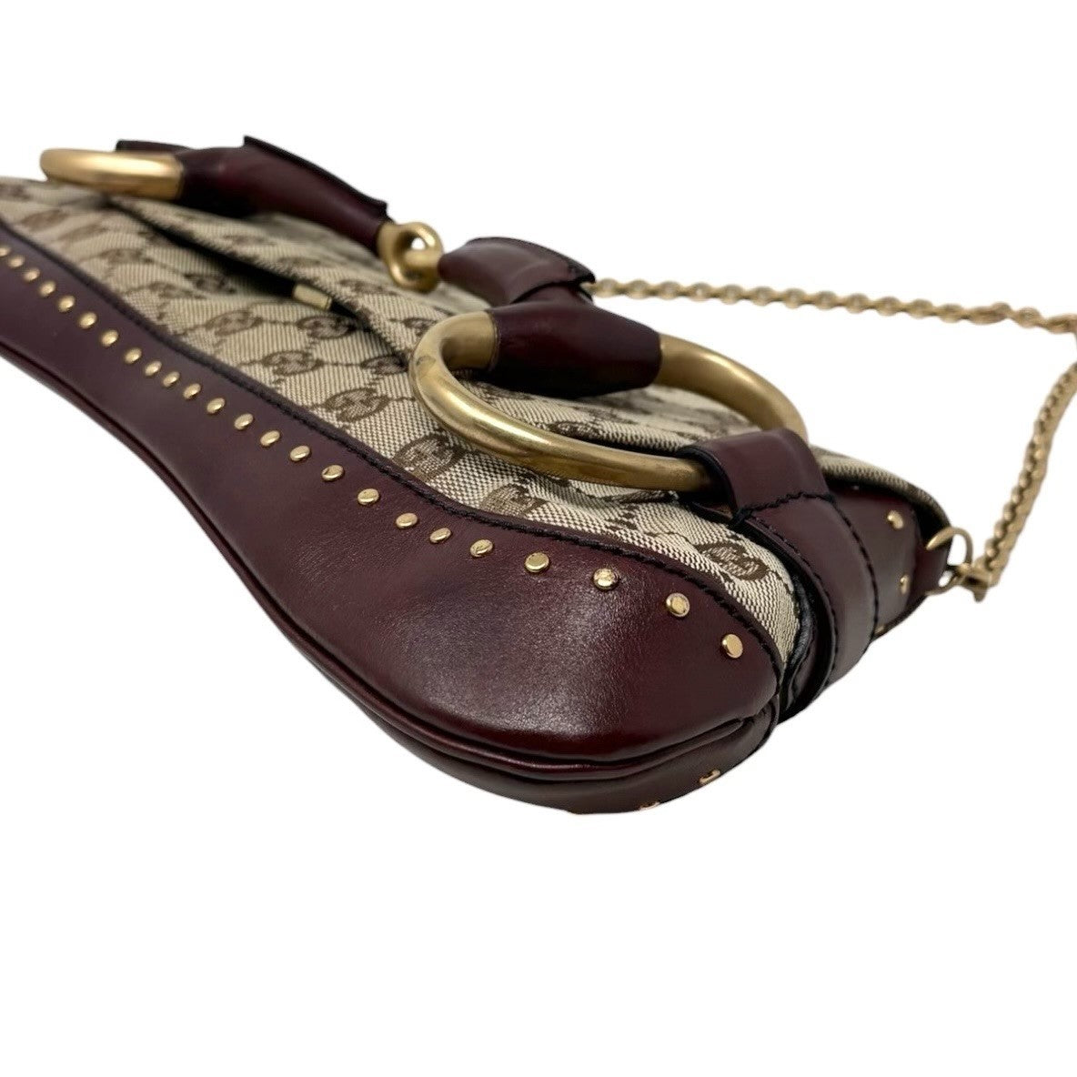 GUCCI Vintage Horsebit GG Monogram Chain Shoulder Bag Studs Beige 901830