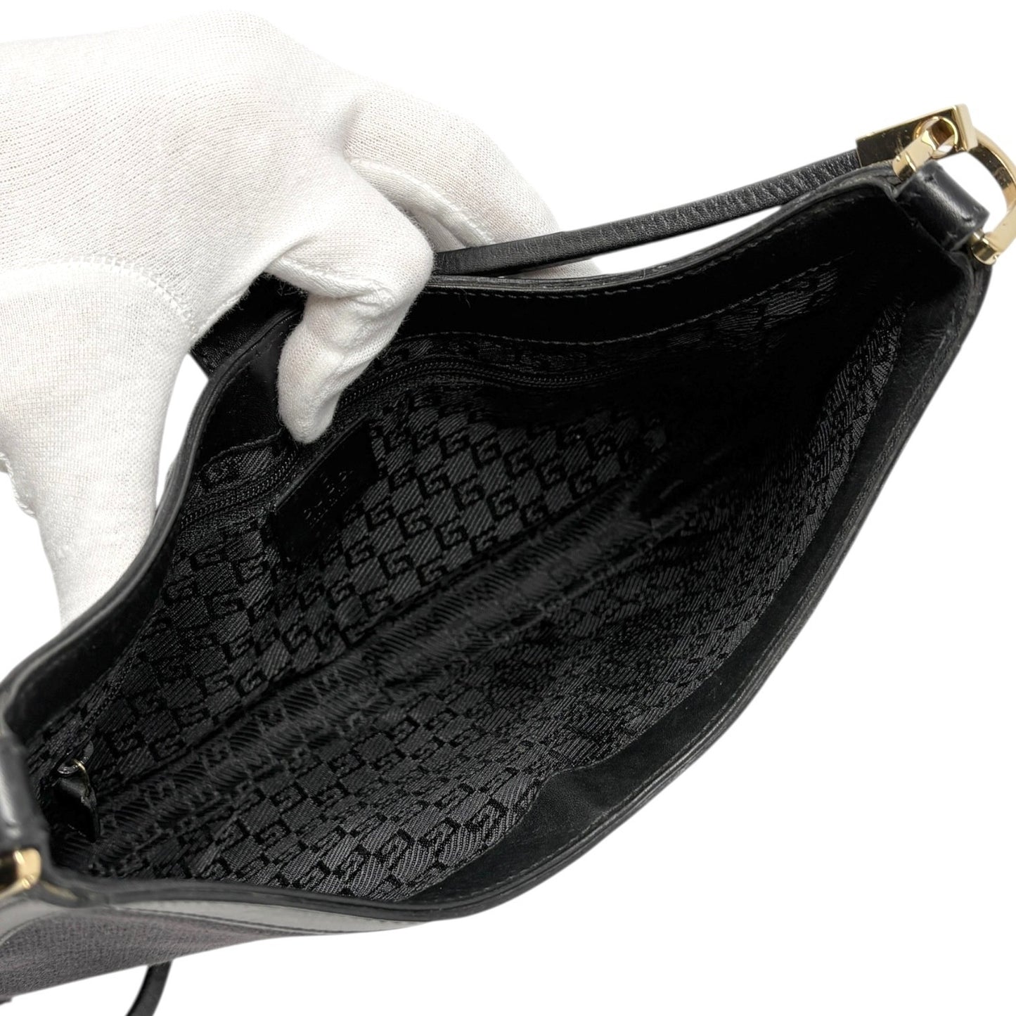 GUCCI Vintage G Buckle Logo Shoulder Bag Black Gold Leather Cotton Magnet