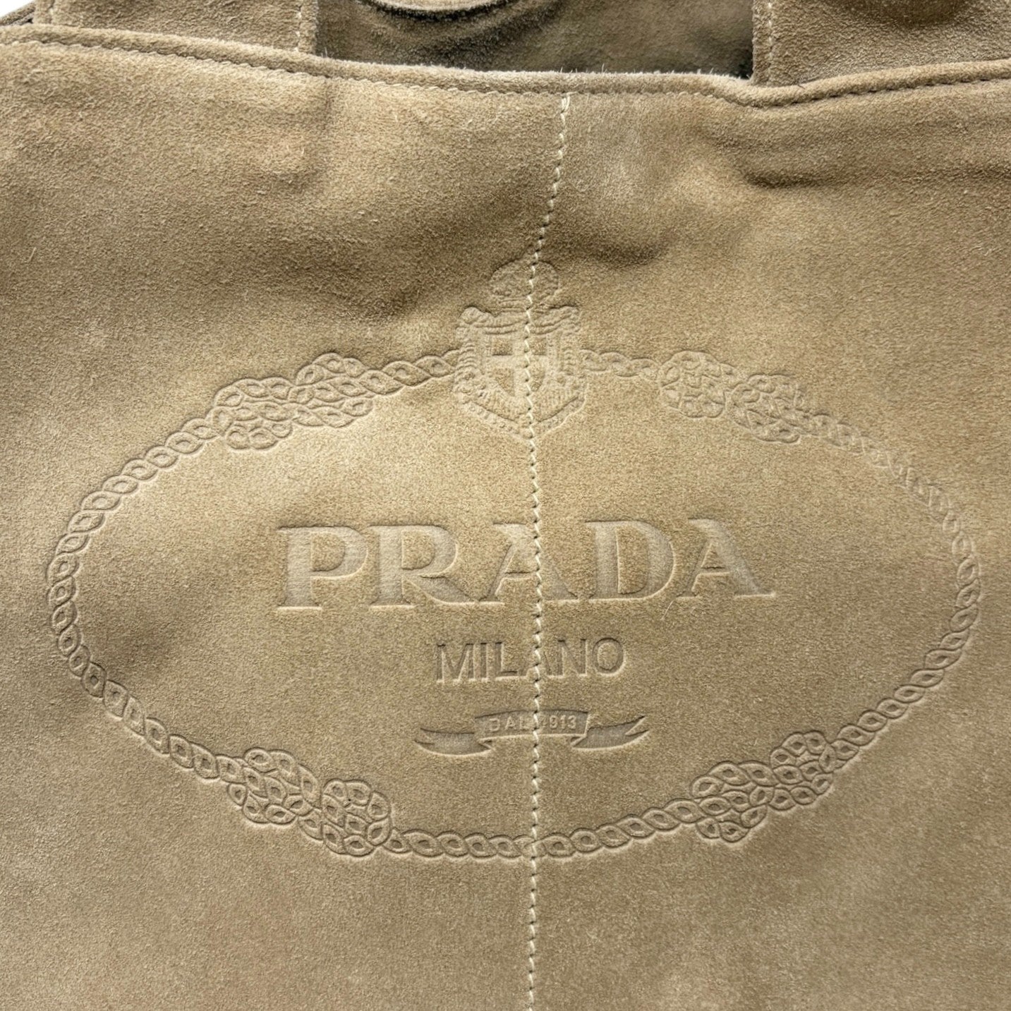 PRADA Vintage Canapa Big Logo Suede Large Tote Bag Beige Gold Stitch Shopper