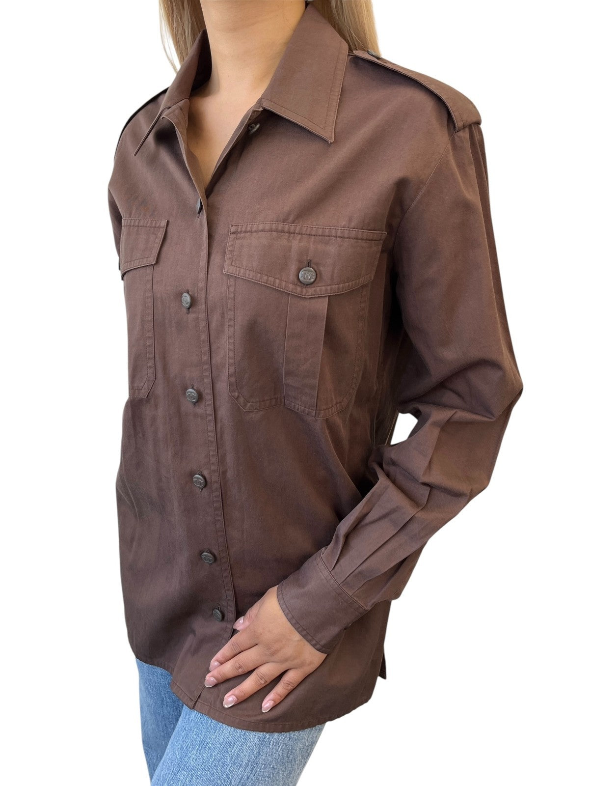 CHANEL Vintage CC Logo Button Up Military Long Sleeve Shirt Brown Cotton