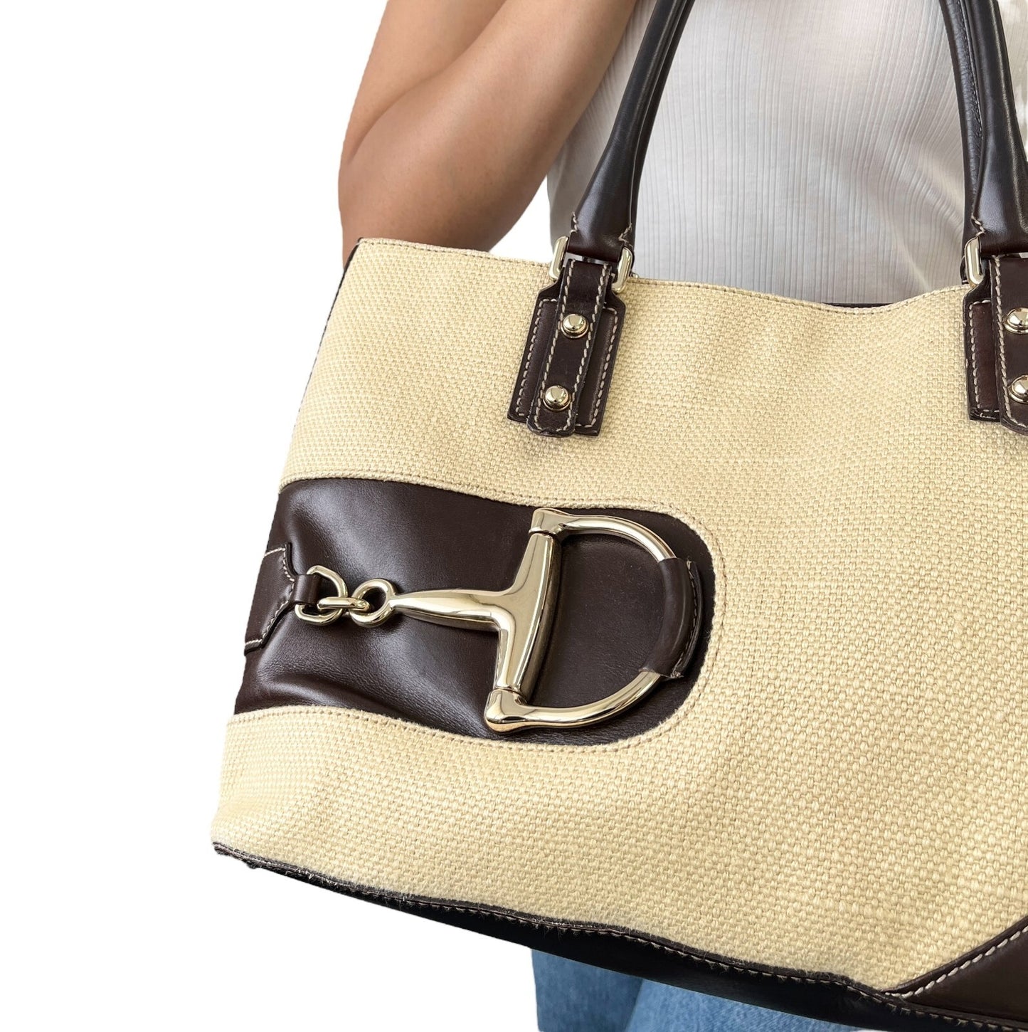 GUCCI Vintage Horsebit Shoulder Tote Bag Beige Brown Silver Cotton Leather