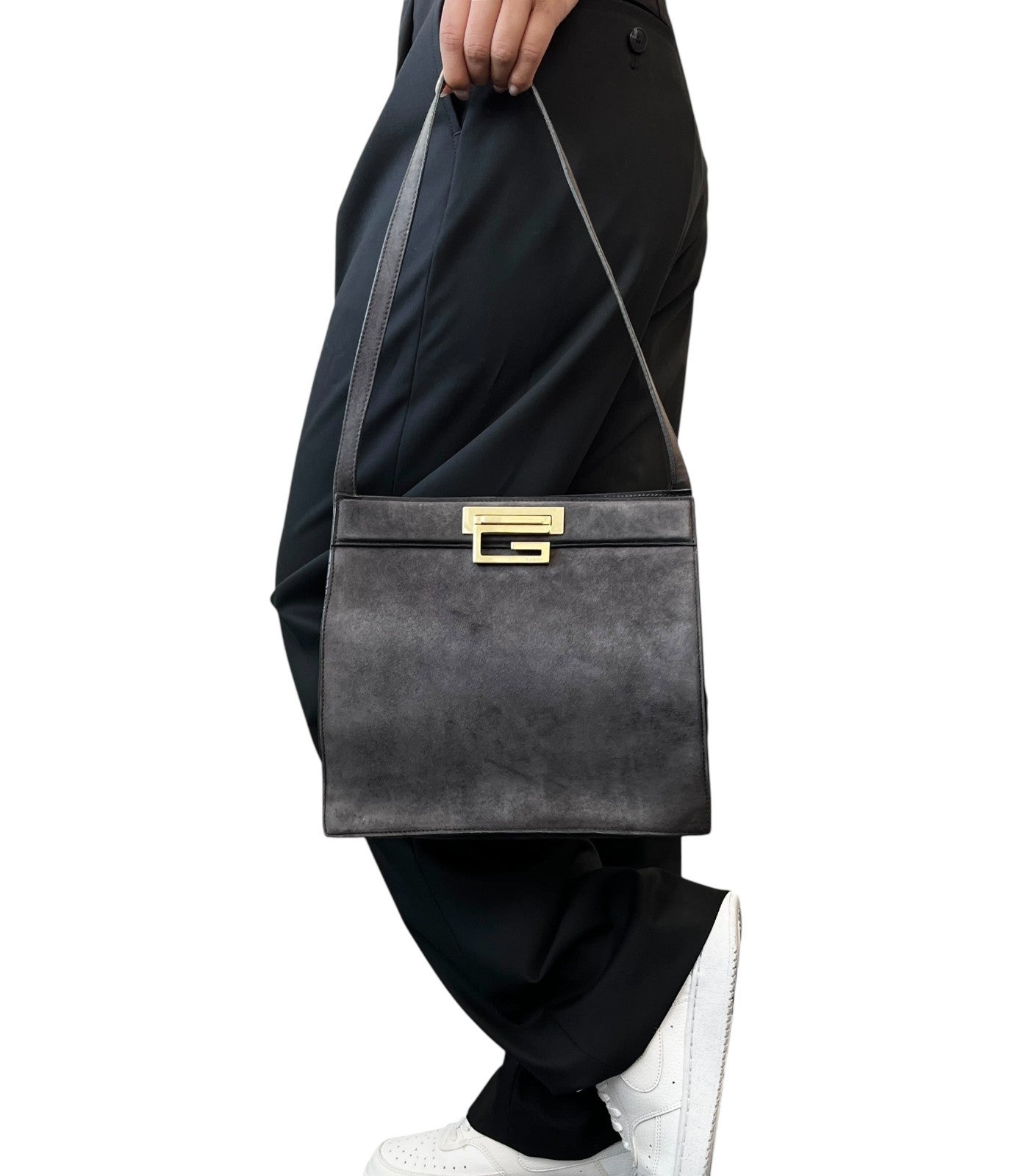 GUCCI Vintage G Square Logo Shoulder Bag Gray Gold Suede Leather