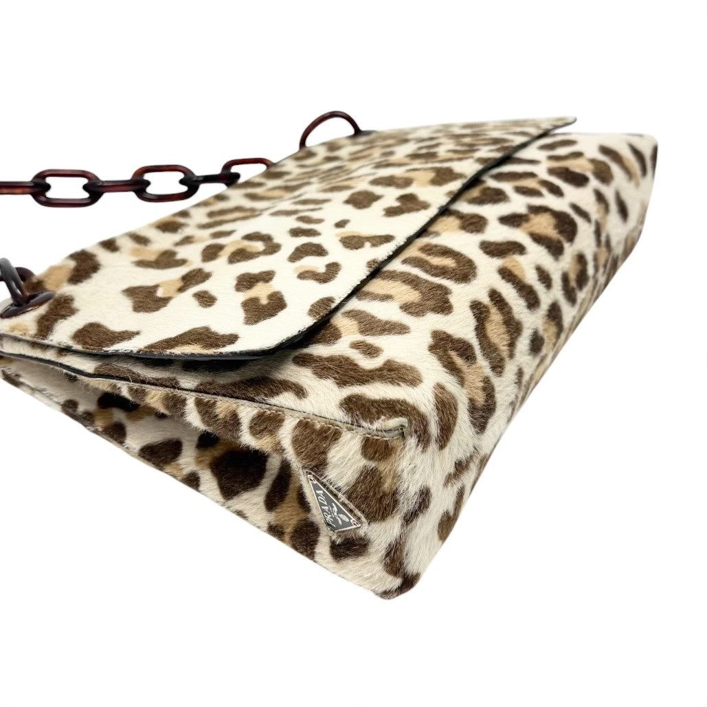 PRADA Vintage Triangle Logo Leopard Pony Calf Hair Chain Shoulder Bag 902309
