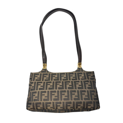 FENDI Vintage FF Zucca Monogram Canvas Shoulder Bag Brown Gold Leather 902063