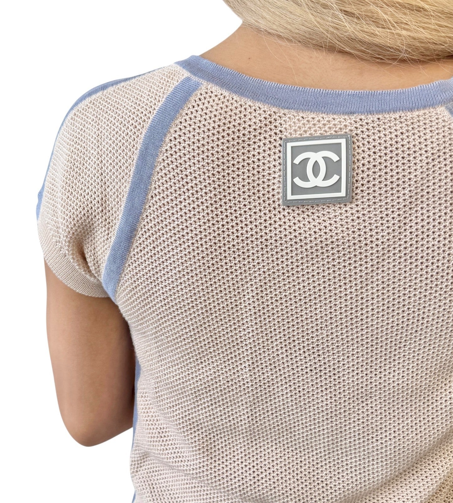 CHANEL Vintage 03P CC Logo See-through Mesh T-shirt #38 Pink Blue Cotton