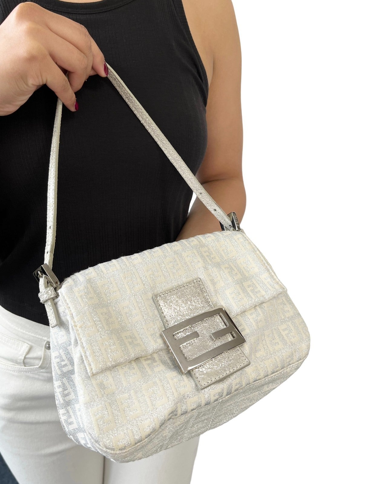 FENDI Vintage FF Zucchino Mini Mamma Baguette Shoulder Bag White Silver 902293
